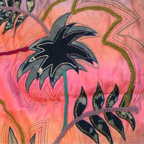 Anage Womens 100% Silk Embroidered Flowers Patchwork Jacket M palm tree pink - Picture 3 of 6